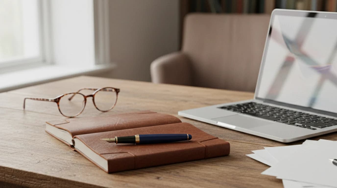A notebook, a pen and a pair of reading glasses on a desk beside an open laptop showing a page of text