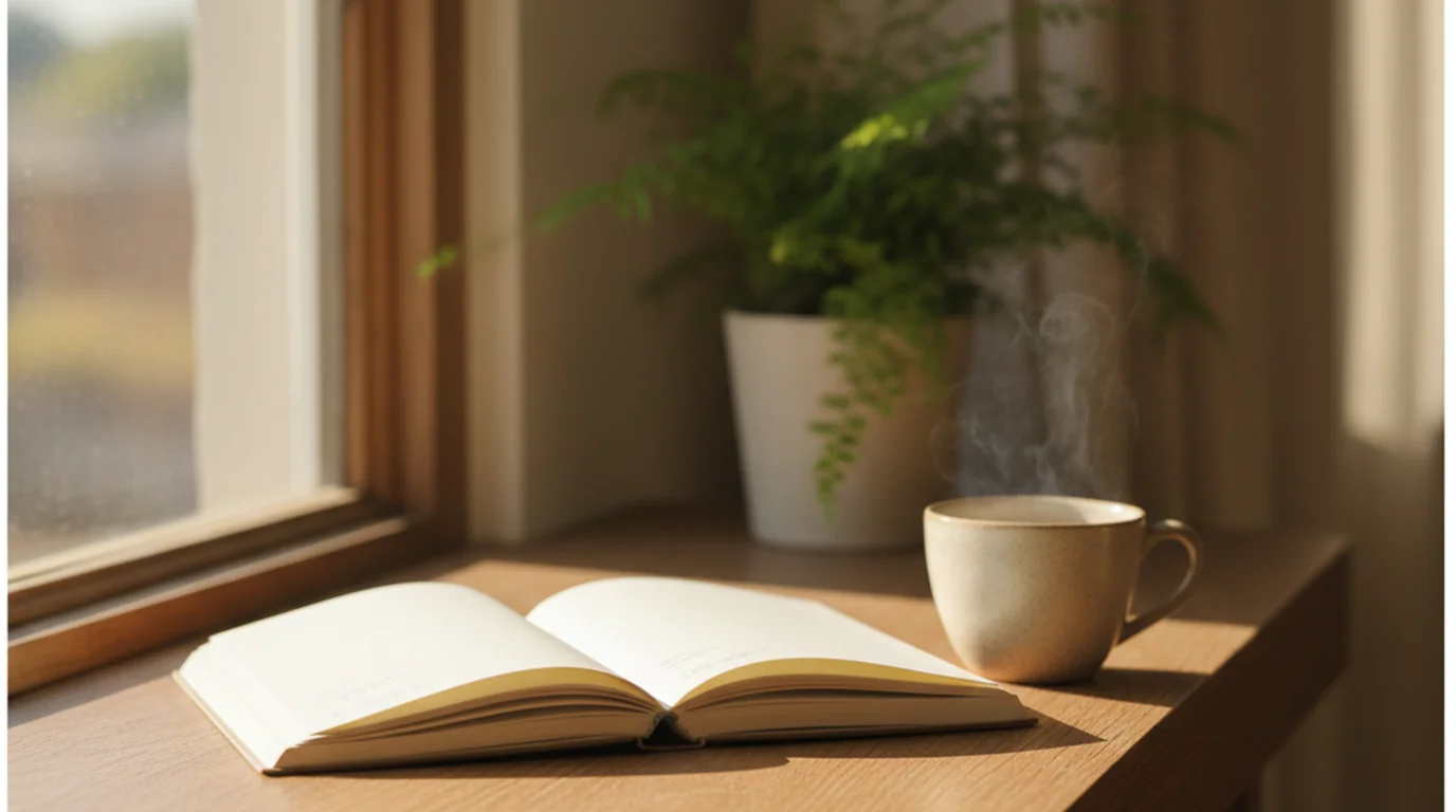 An open notebook with a short handwritten list on a windowsill, morning light across the page and a cup of tea beside it