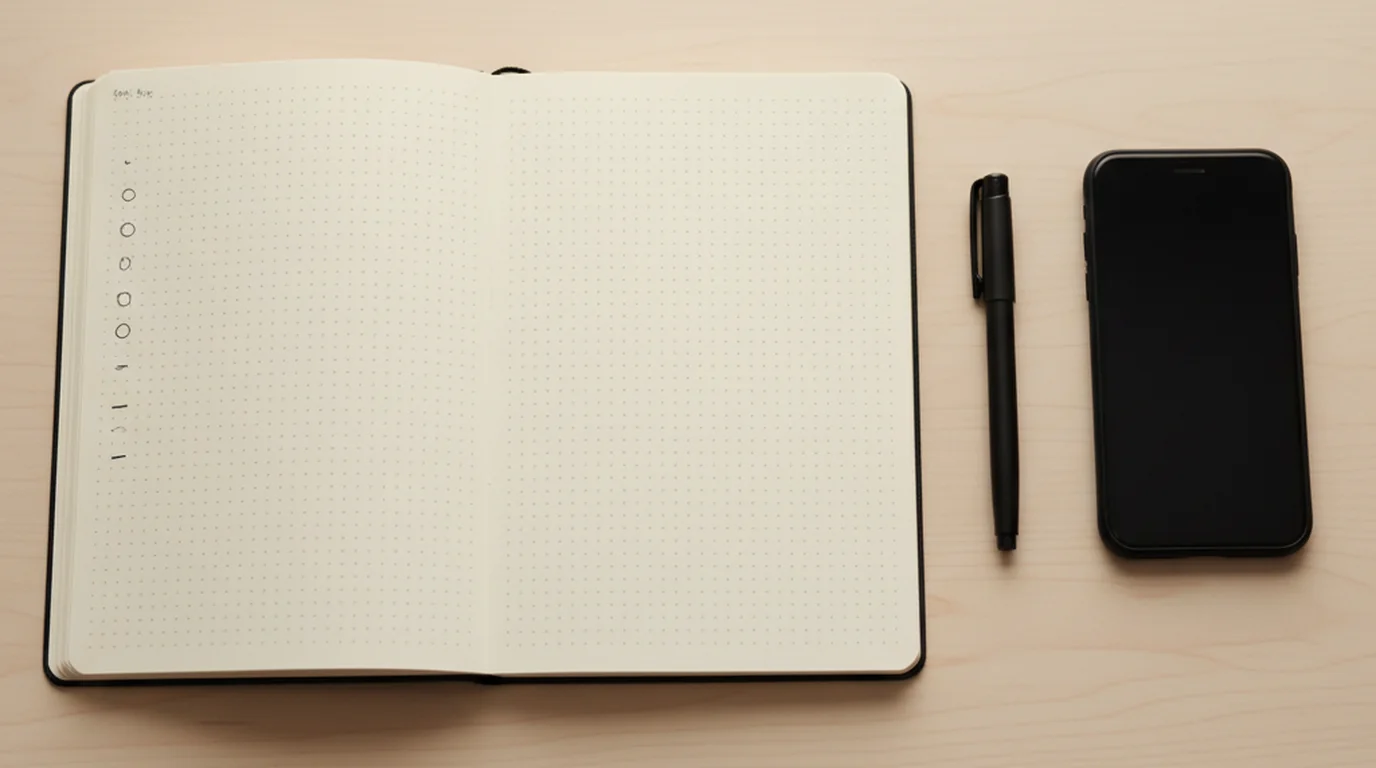 A plain dotted notebook open to a short handwritten task list with simple bullet symbols, a pen and a phone on a desk
