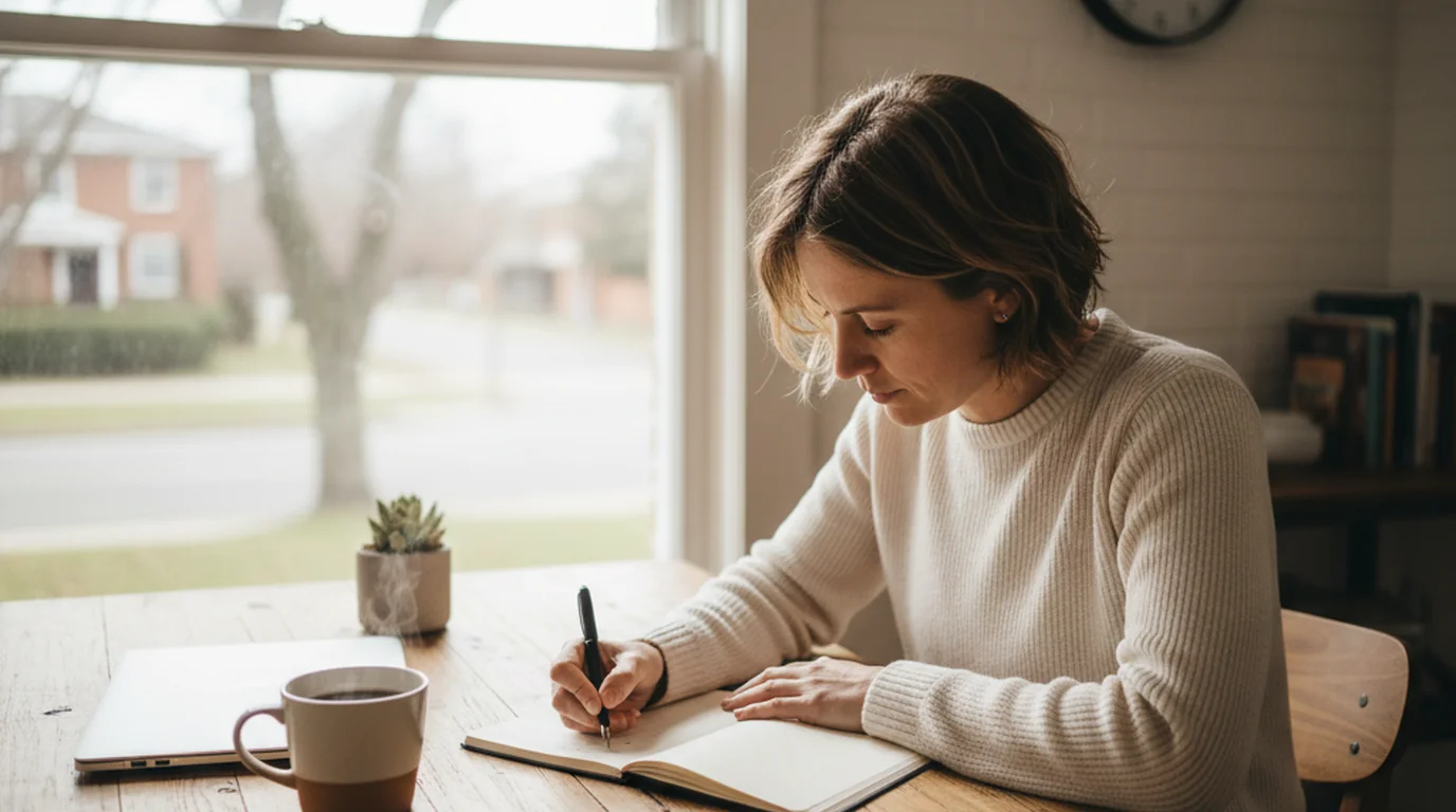 A person sitting at a kitchen table early in the morning writing in a notebook beside a laptop and a mug of coffee