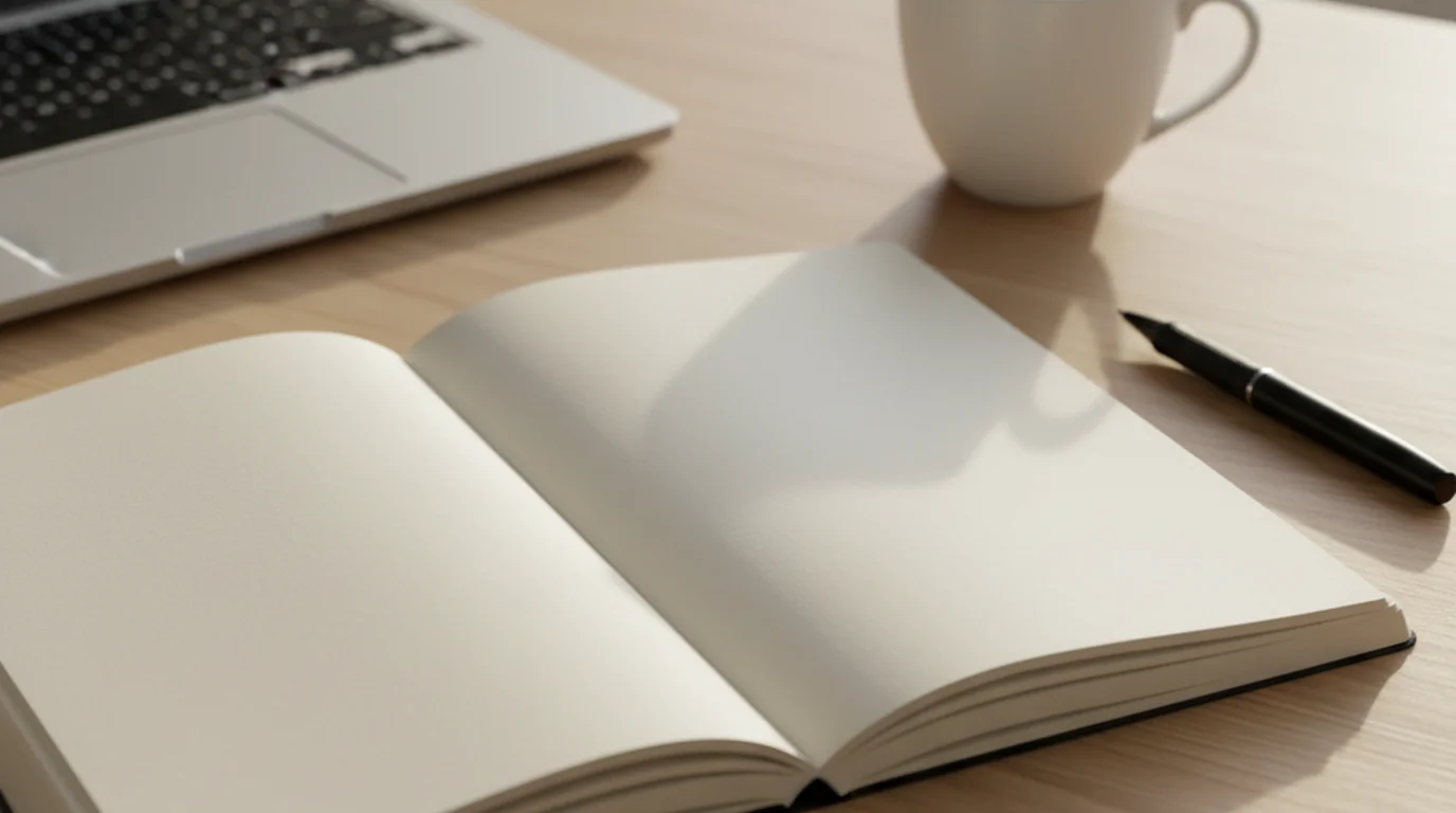 A blank open notebook on a wooden table in morning light, a pen and coffee mug beside it and a laptop behind