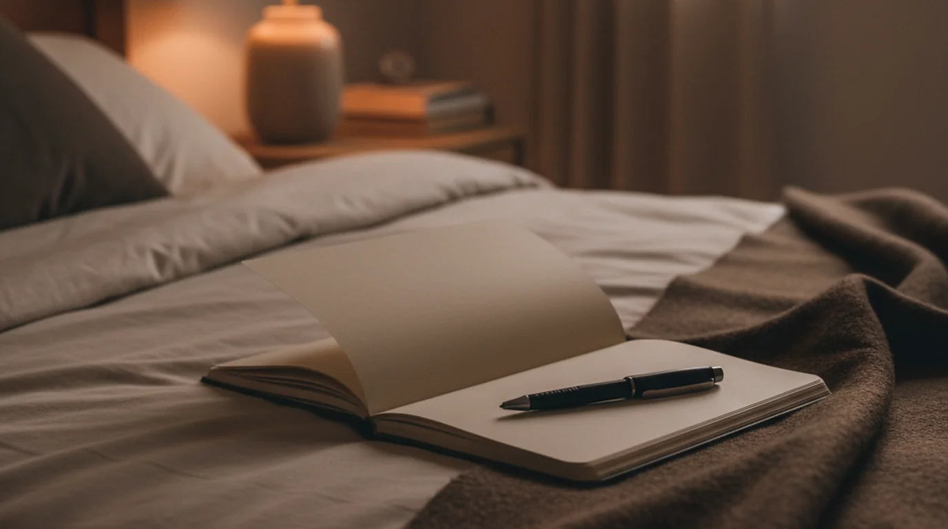 A notebook open on a bed beside a folded blanket in soft evening light, a pen resting in the fold of the page