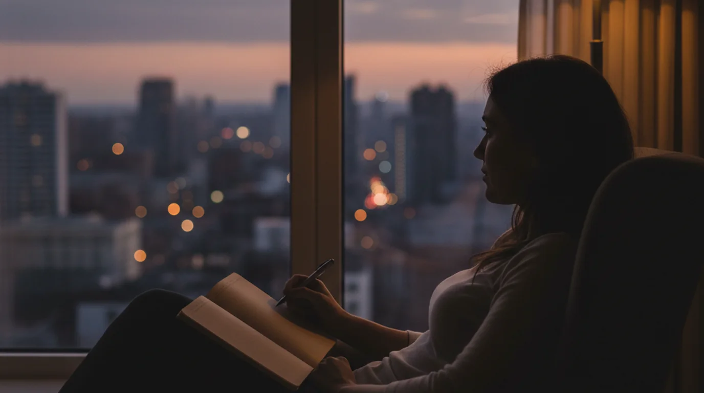 A person sitting by a window at the end of the day with a notebook open on their knee, city light fading outside