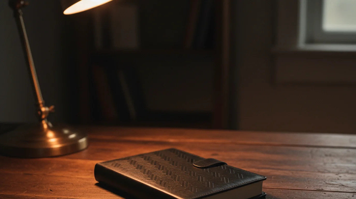A closed notebook and pen on a dark wooden desk lit by a single lamp, the rest of the room in shadow