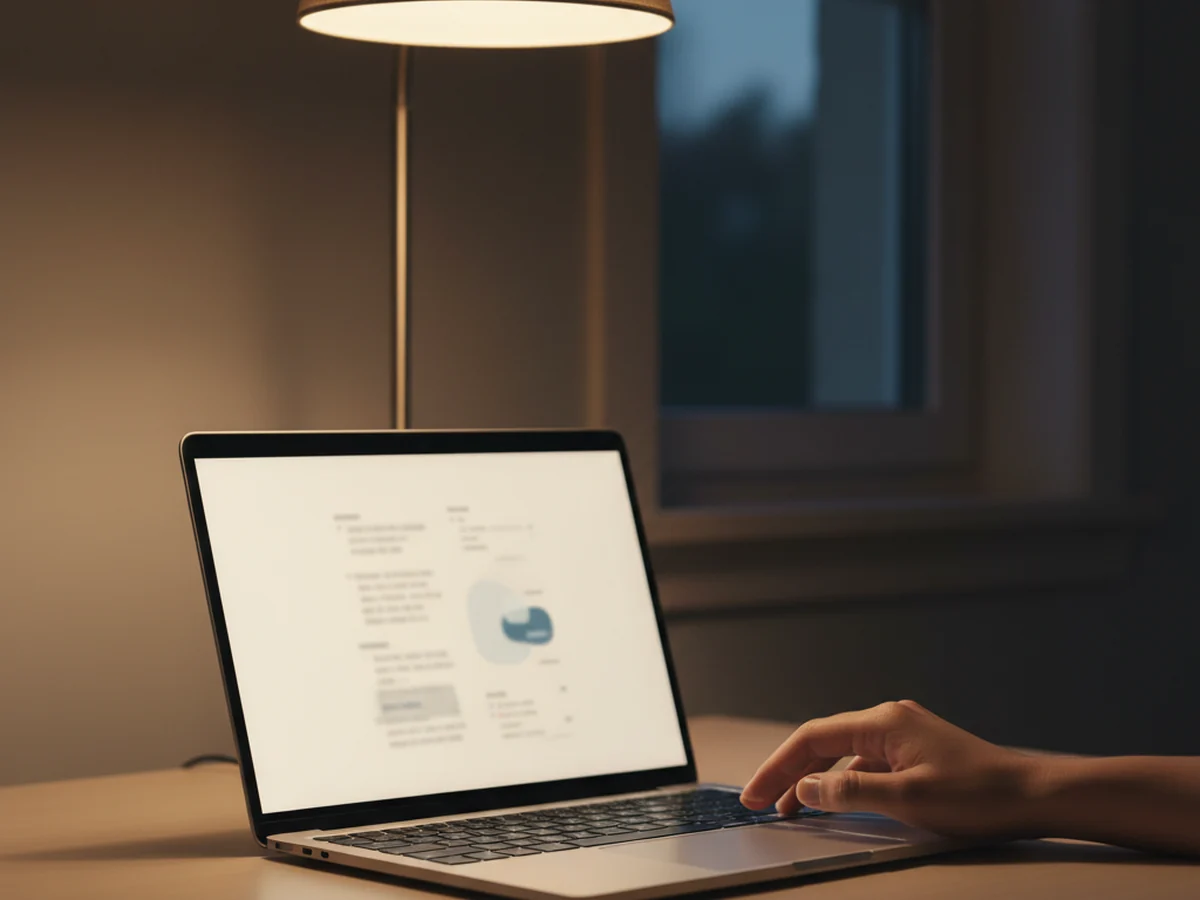 A laptop under a warm lamp in the evening, a hand on the trackpad deciding what to do with an unfinished task