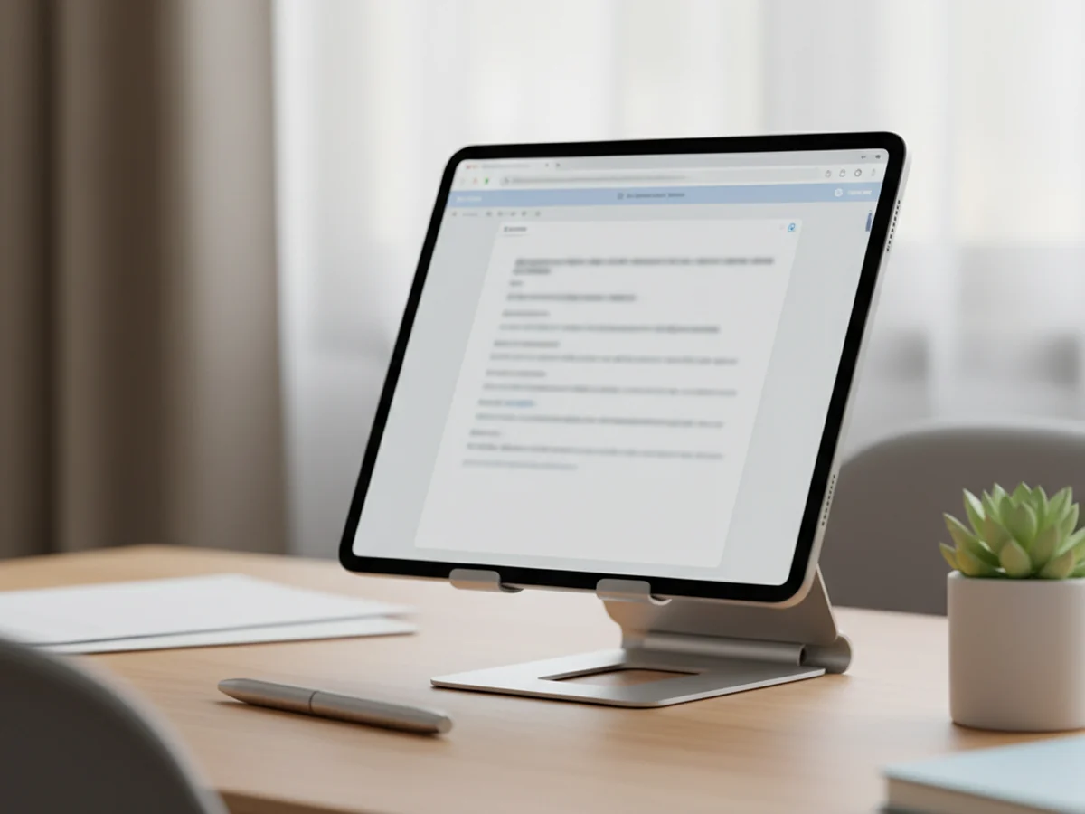 An iPad on a desk stand showing a daily planner page in a browser, a short checklist above the day's writing