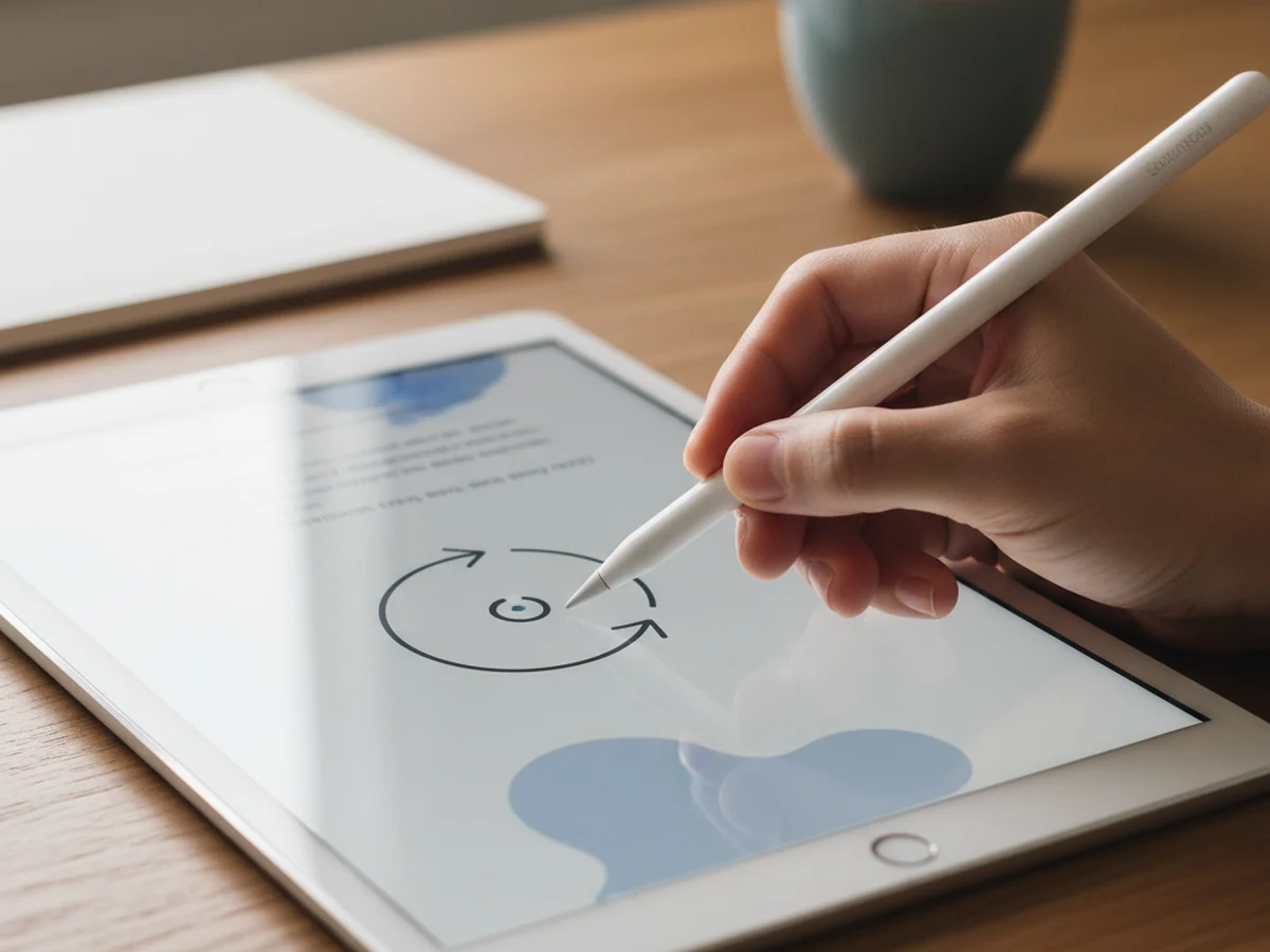 A hand drawing a small diagram on a tablet with a stylus, paragraphs of writing above and below the drawing