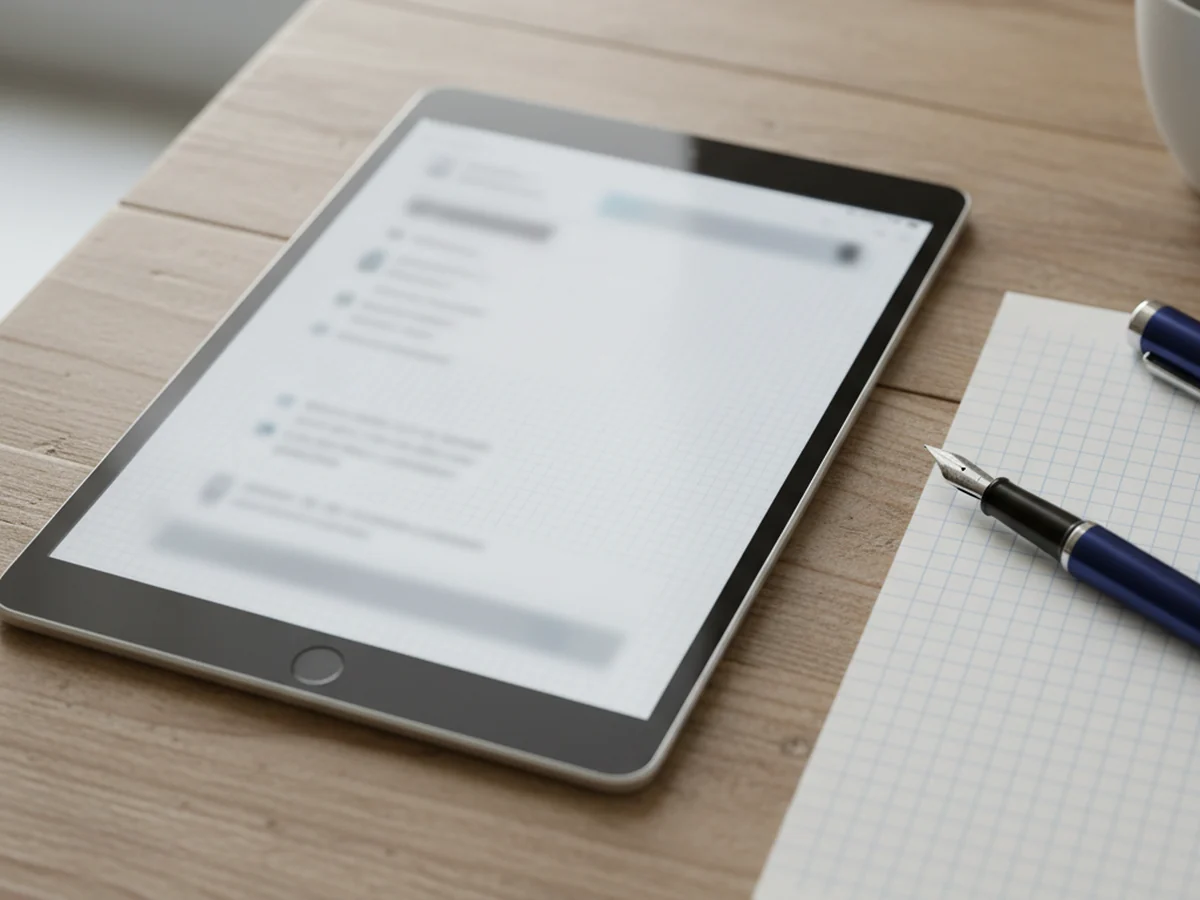 A tablet showing a dotted-grid paper style, lying beside a real sheet of grid paper and a fountain pen