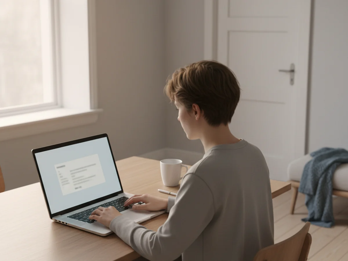 A person writing alone at a laptop in a quiet room, the screen angled away so nothing on it is visible