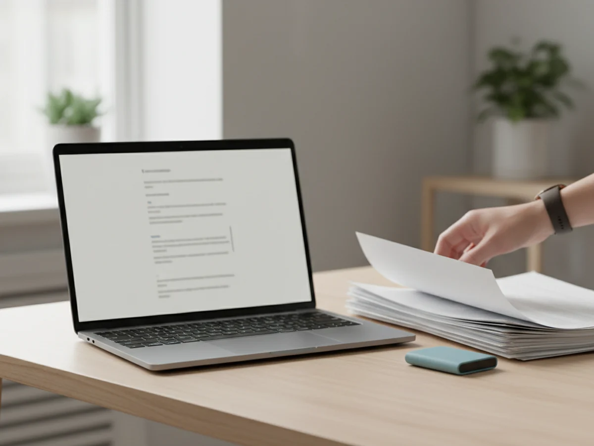 A laptop beside a stack of exported pages and a small drive, a hand lifting the printed pages