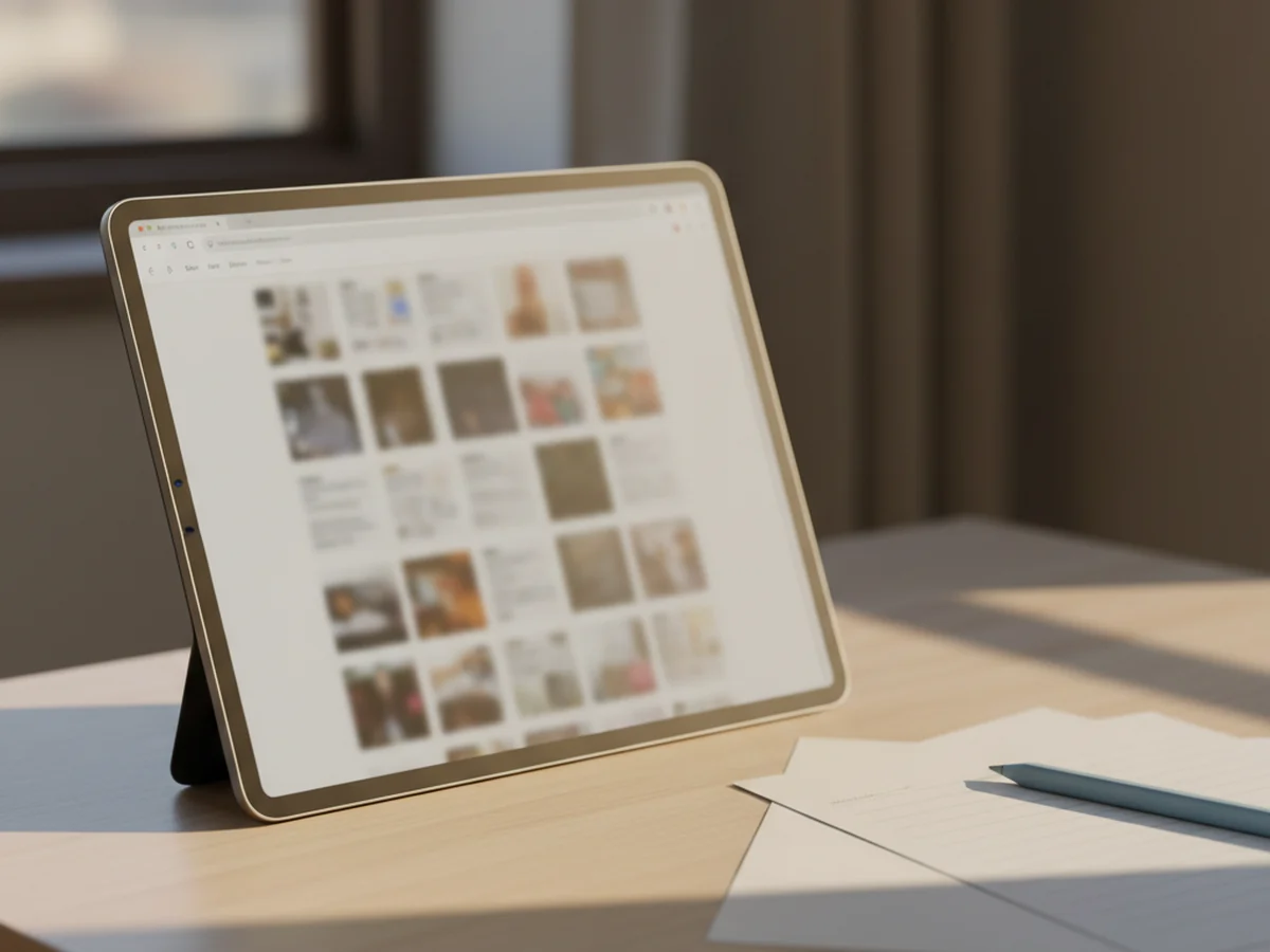 A tablet on a desk showing a library of photo and file thumbnails collected automatically from journal pages