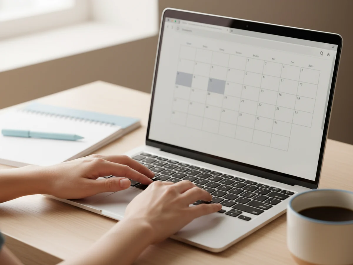 A laptop showing a month calendar in a browser, hands typing to search across past journal entries