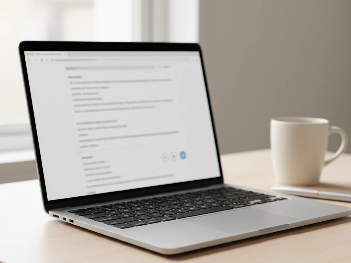 A laptop on a desk showing a journal page open in a browser, with three round page indicators in the corner