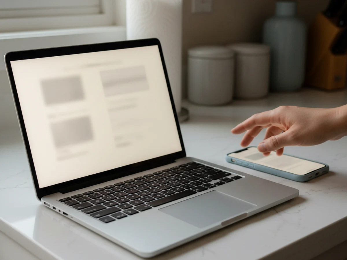 A laptop and a phone side by side on a kitchen counter, the same journal page open on both screens