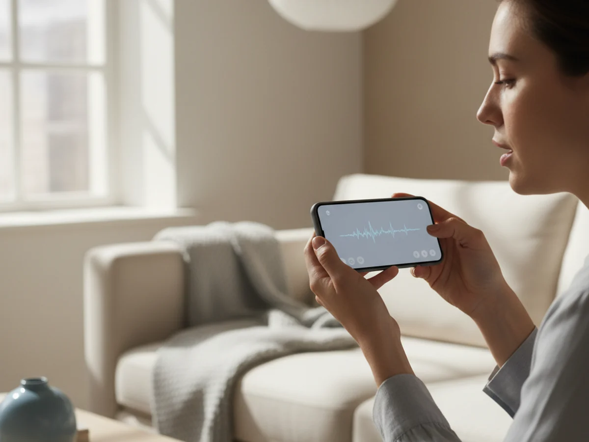 A person on a sofa speaking into a phone held in front of them, an audio waveform showing on the screen