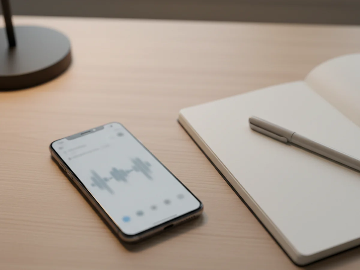 A phone on a desk showing an audio waveform beside an open paper notebook and a pen