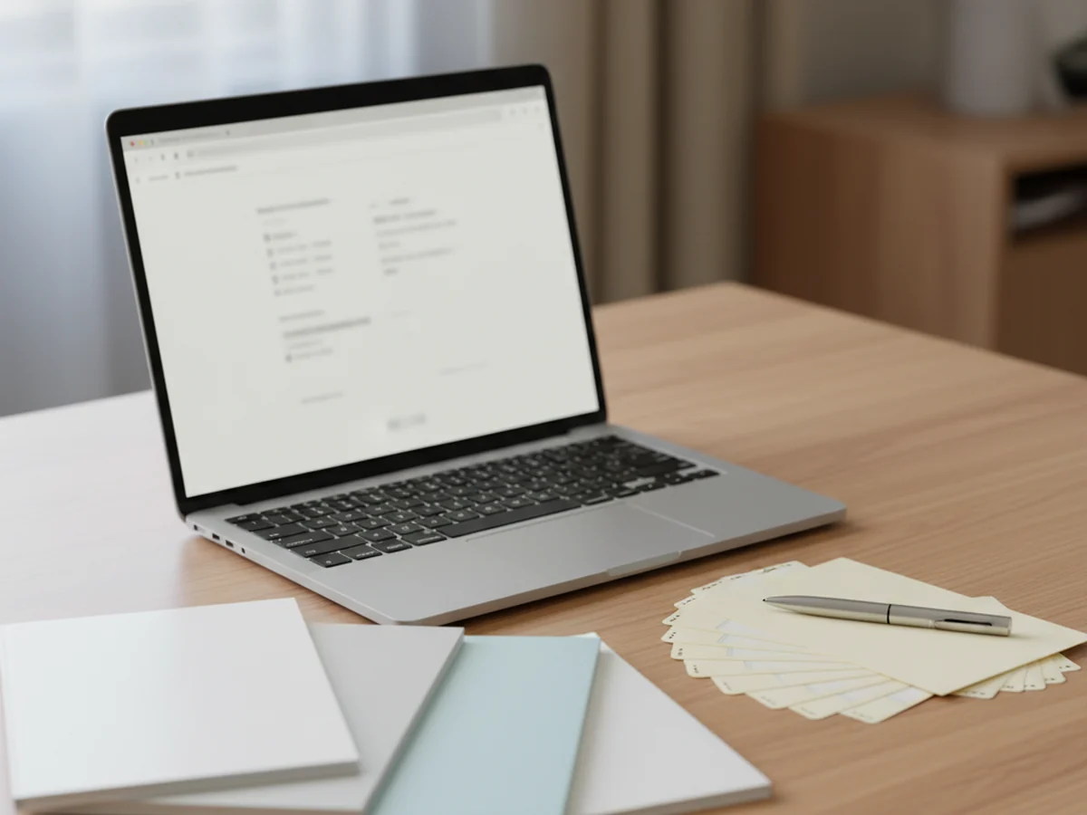 A laptop showing an empty setup screen in a browser, surrounded by unused blank notebooks and unwritten file labels