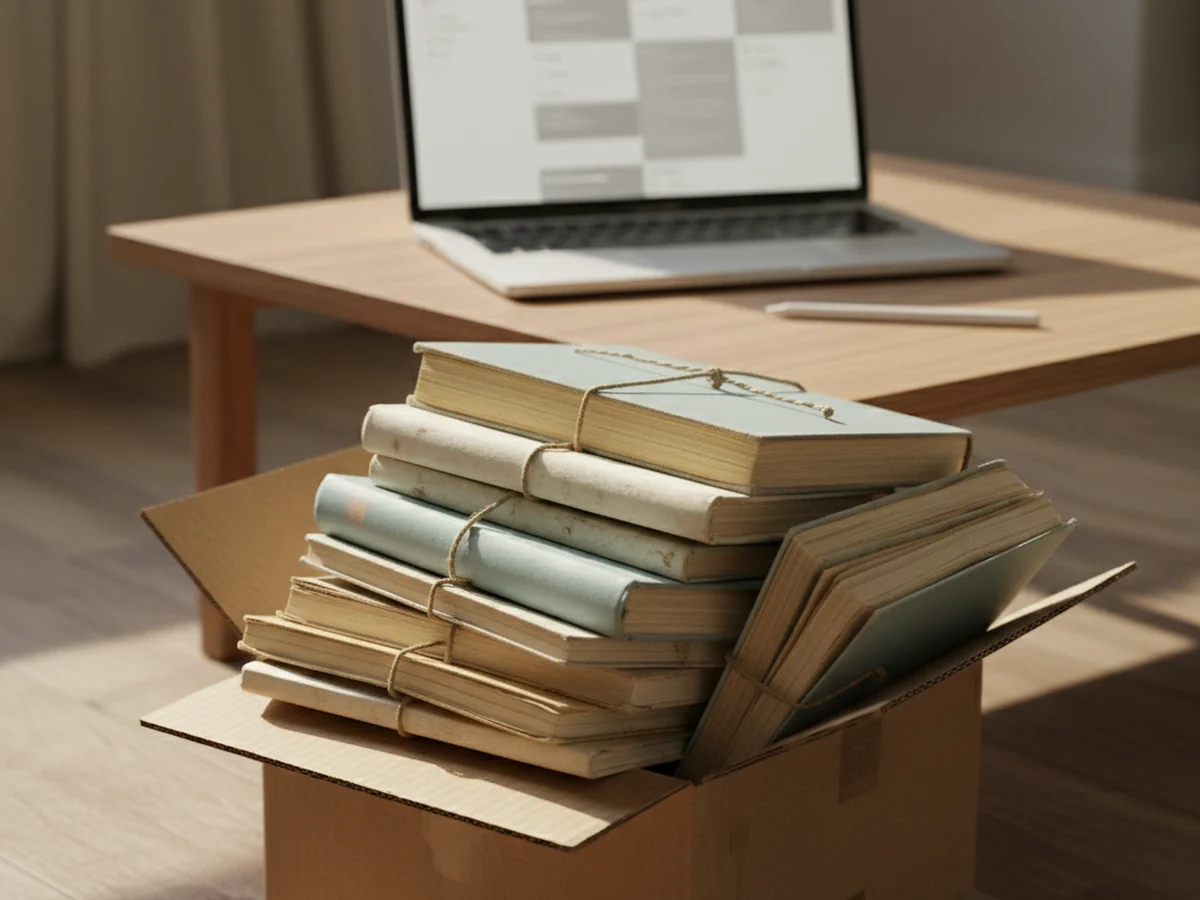 A box of old paper journals tied with string on the floor, a laptop behind it showing search results across past entries