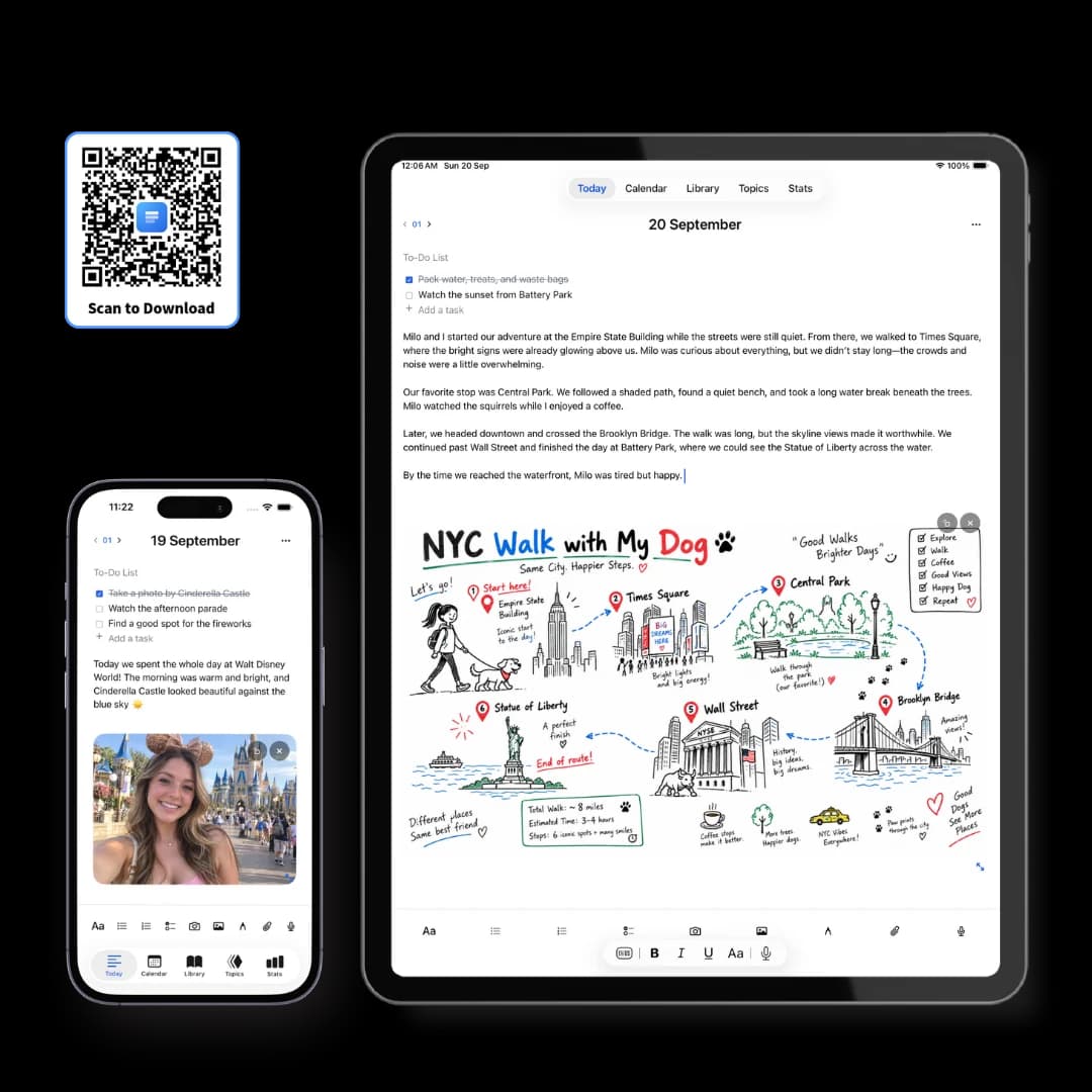 An iPhone and an iPad side by side running the same journal app, beside a scan-to-download QR code