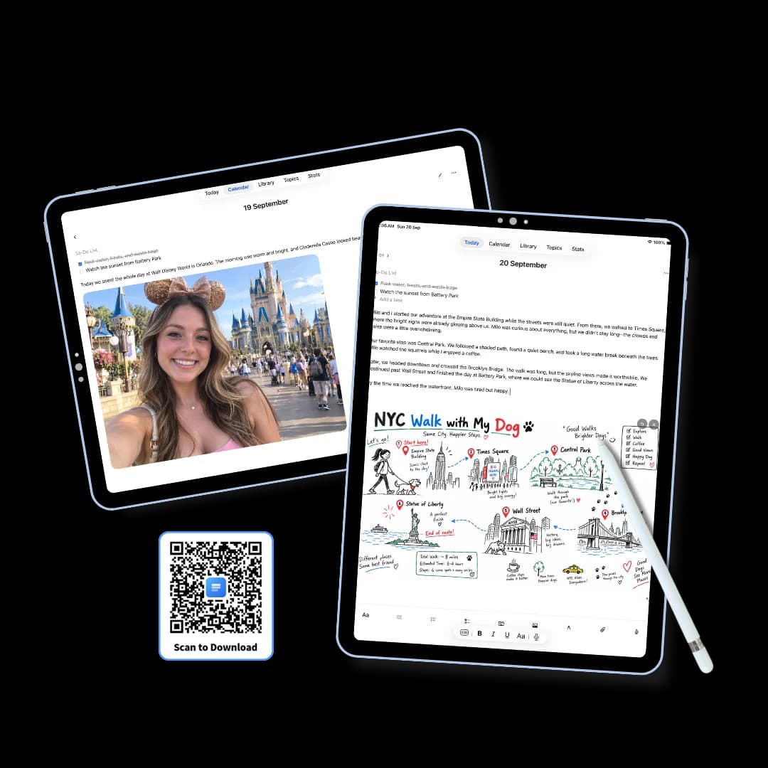 Two iPads at an angle — one showing a journal entry with a photo, the other showing a hand-drawn colour map of a New York walking route with an Apple Pencil resting on the screen — beside a Scan to Download QR code
