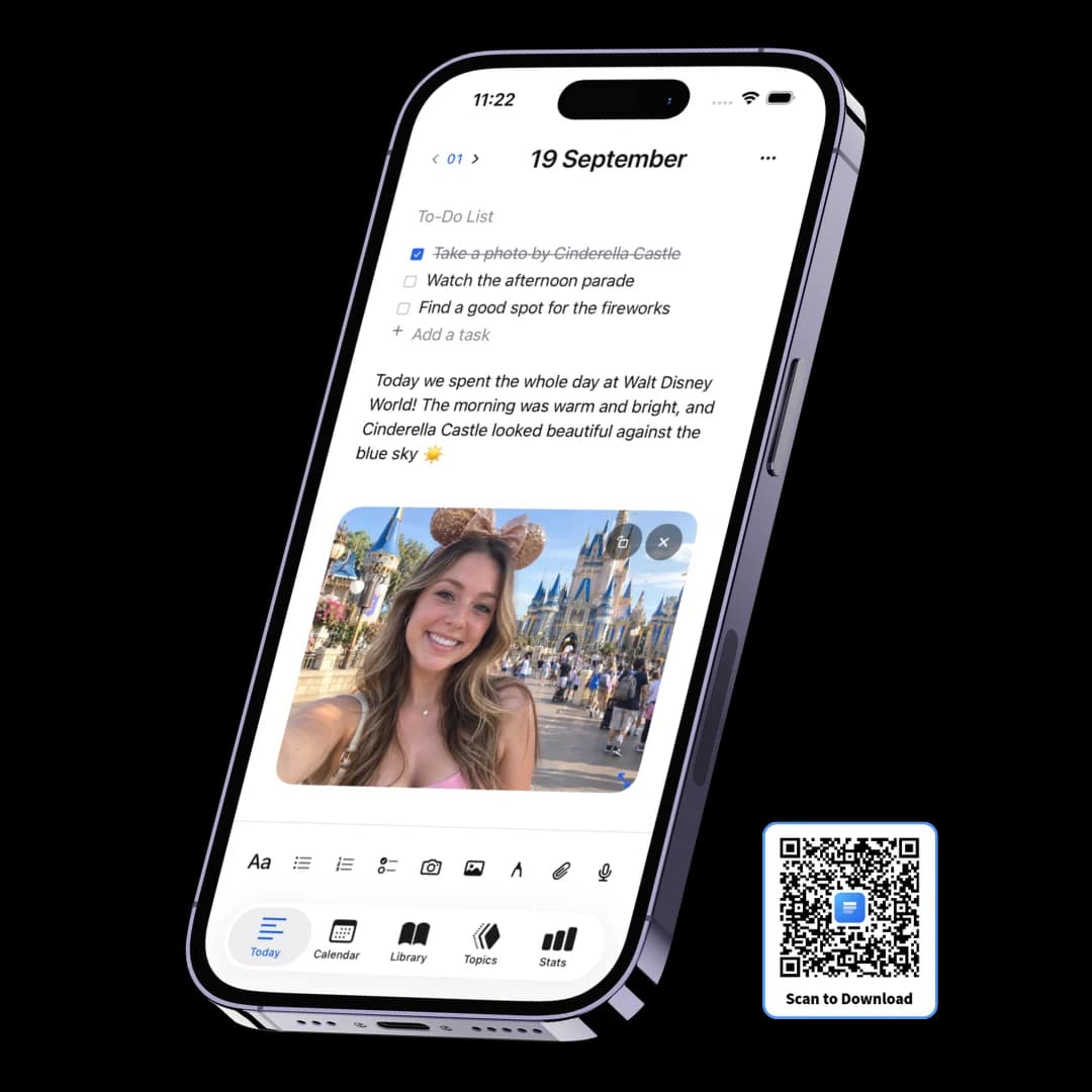 An iPhone at an angle showing a dated journal page with a to-do list, a short entry and a photo, beside a scan-to-download QR code