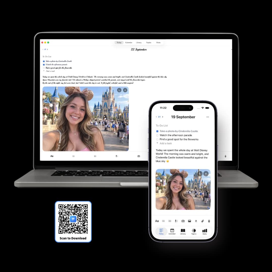 A MacBook and an iPhone side by side showing the same journal entry — a to-do list, a paragraph about a day out and a photo — beside a Scan to Download QR code