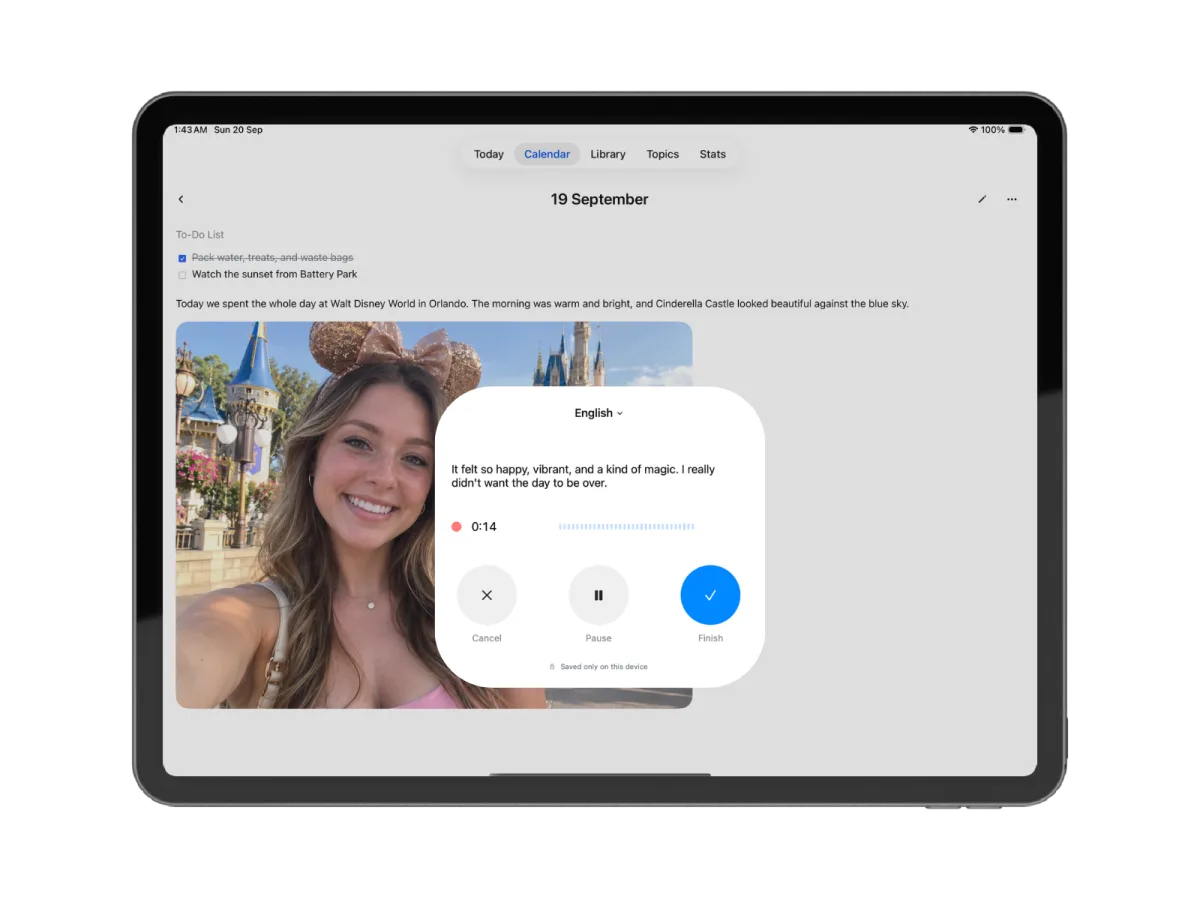 iPad showing the voice recorder panel open over a journal entry and photo, with a language picker set to English, a live transcript, a running timer, a waveform and Cancel, Pause and Finish buttons