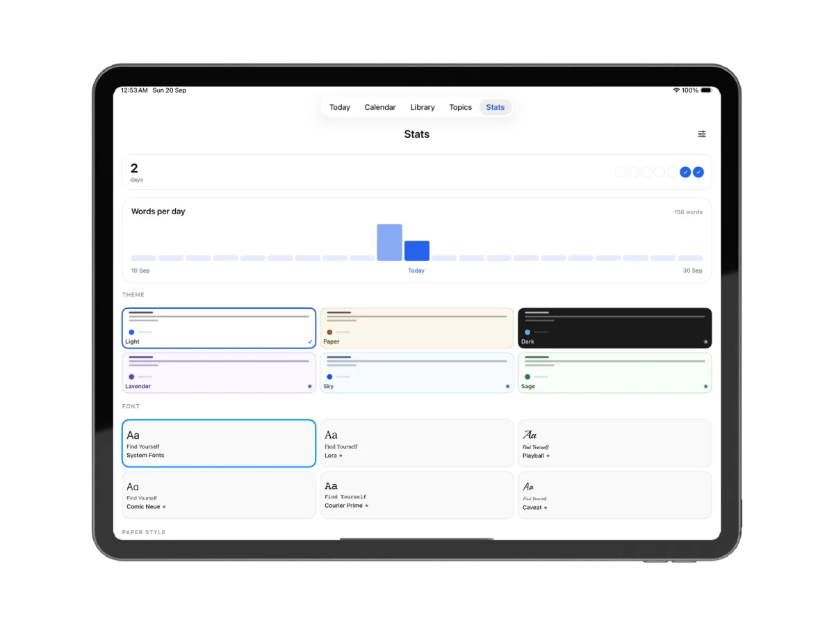 iPad showing the Stats tab with a two-day streak, a words-per-day chart, six theme swatches labelled Light, Paper, Dark, Lavender, Sky and Sage, and six font samples including Lora, Playball, Comic Neue, Courier Prime and Caveat