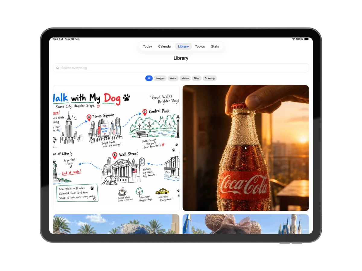 iPad showing the Library tab with filter chips for All, Images, Voice, Video, Files and Drawing, and a grid containing a hand-drawn map, a video thumbnail and photographs