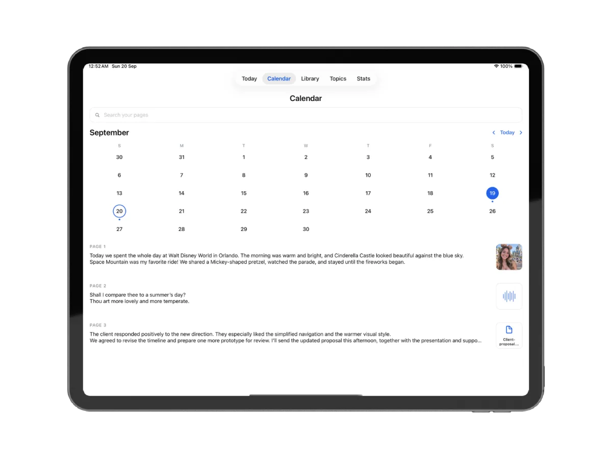 iPad showing the Calendar tab with a search box, a September grid with dots marking days that have entries, and page previews below with photo, voice-note and PDF thumbnails
