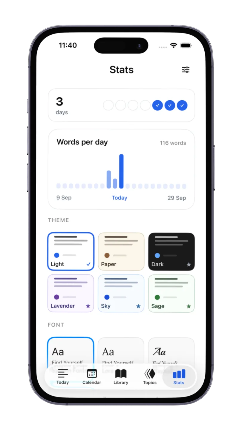 iPhone showing the Stats tab: a three-day streak with a week strip, a words-per-day chart, and theme swatches labelled Light, Paper, Dark, Lavender, Sky and Sage above a font picker