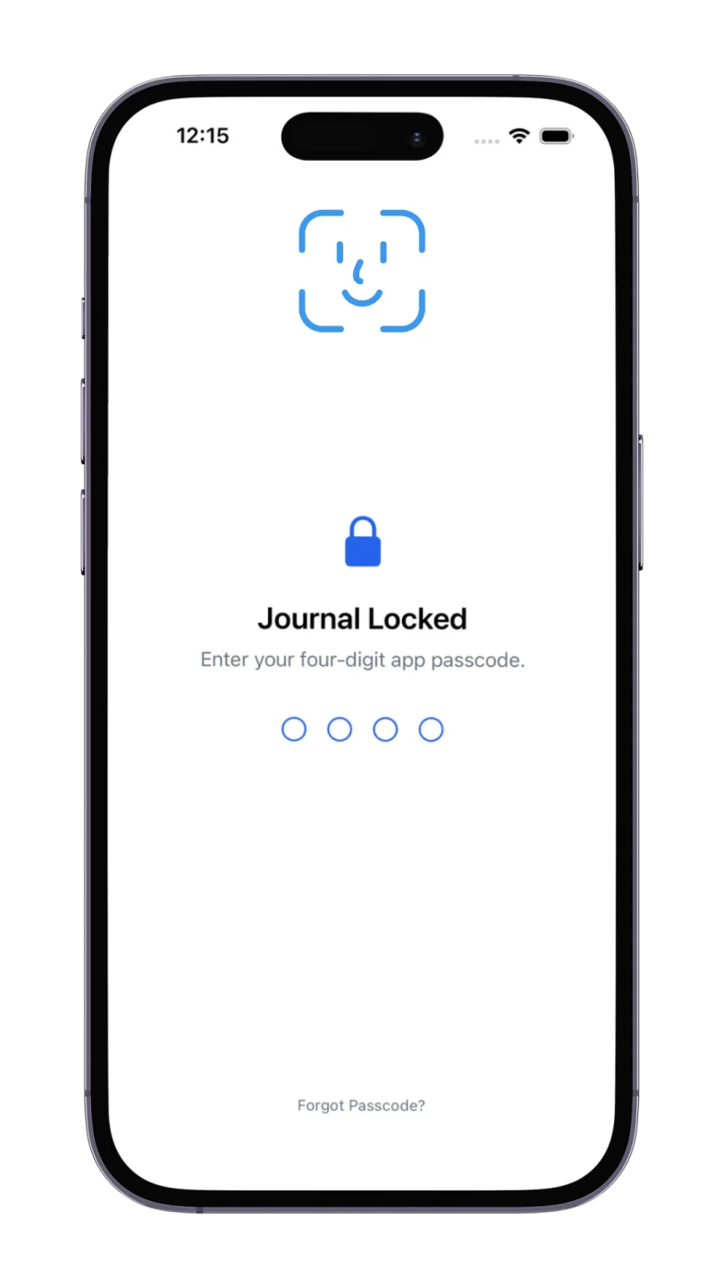 iPhone showing the app's lock screen with a Face ID glyph, a padlock, the heading 'Journal Locked' and a four-digit passcode field