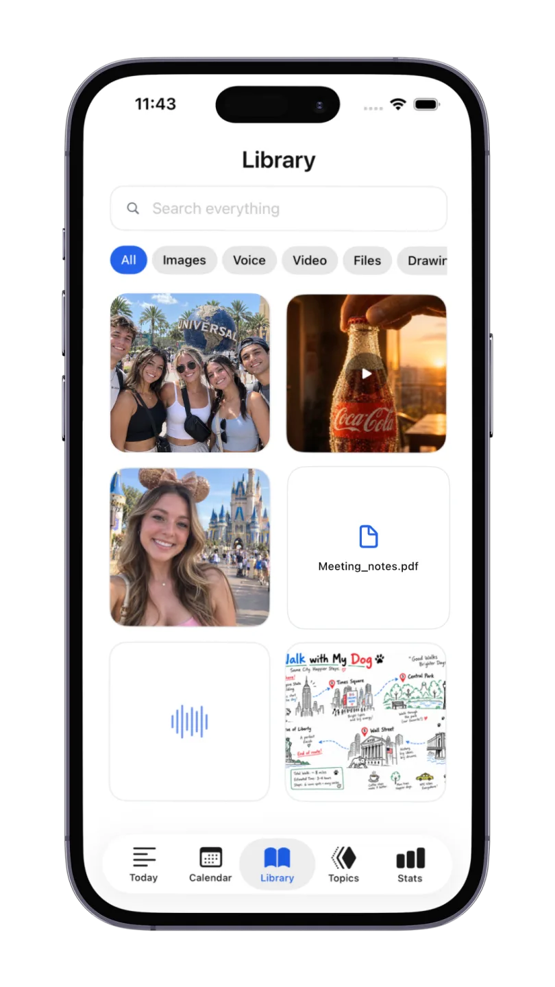 iPhone showing the Library tab with a 'Search everything' box, filter chips for All, Images, Voice, Video, Files and Drawing, and a grid of photos, a video, a PDF, a voice note and a hand-drawn map