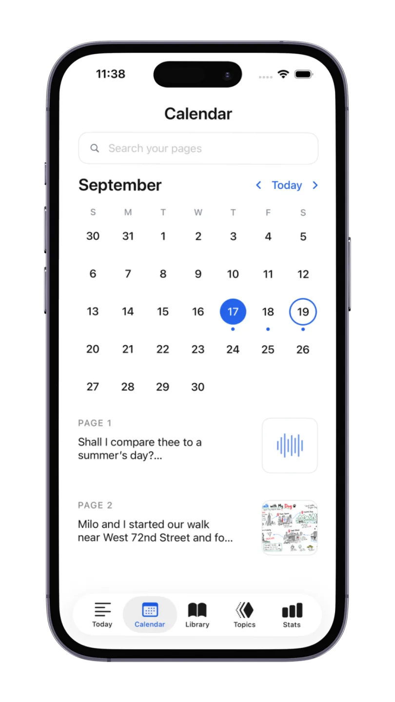 iPhone showing the Calendar tab: a search box reading 'Search your pages', a September grid with dots under days that have entries, and previews of Page 1 and Page 2 with a voice-note and a drawing thumbnail