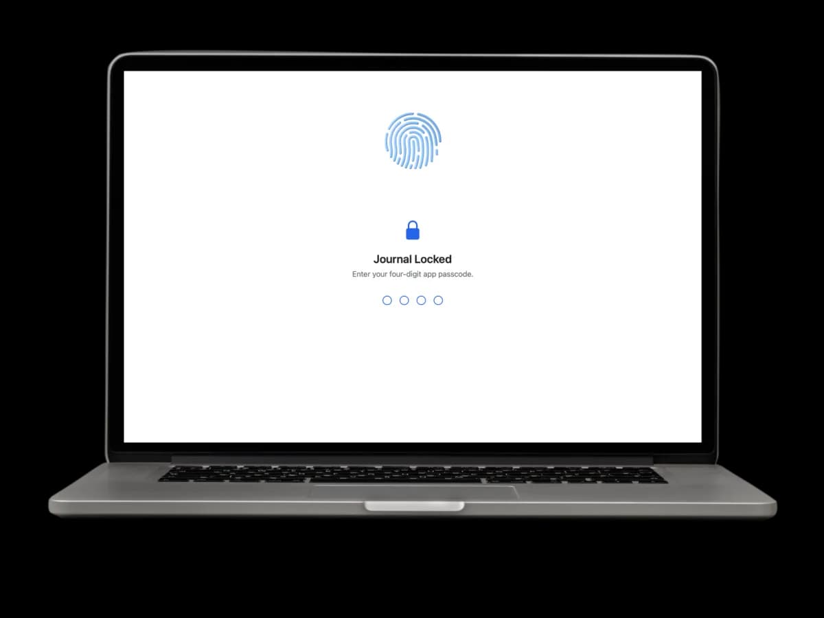 MacBook showing the app's lock screen: a Touch ID fingerprint glyph, a padlock, the heading 'Journal Locked' and a four-digit passcode field
