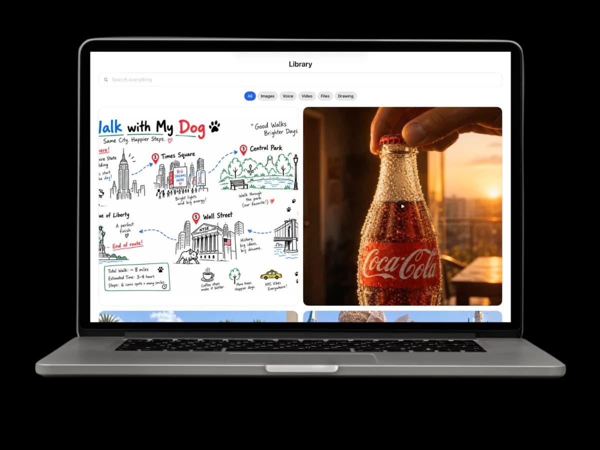 MacBook showing the Library screen with filter chips for All, Images, Voice, Video, Files and Drawing, and a grid containing a hand-drawn map, a video and photographs
