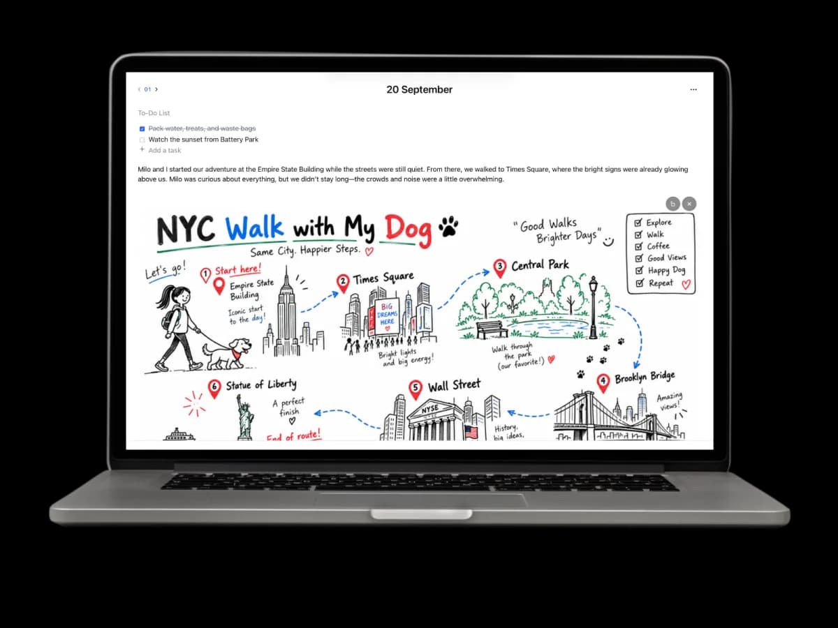 MacBook showing a journal page with a to-do list, a typed paragraph and a large hand-drawn colour map filling most of the screen