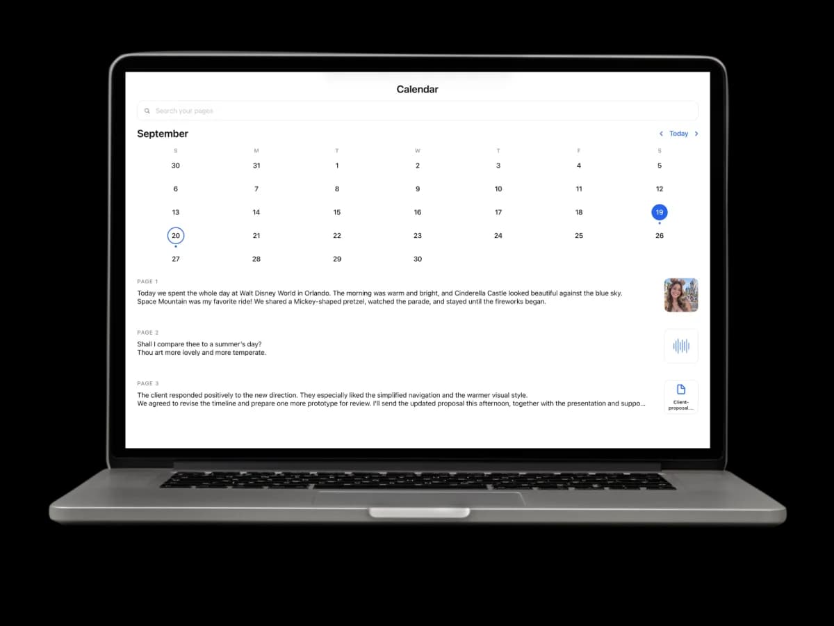 MacBook showing the Calendar screen with a search box, a September grid with dots marking days that have entries, and three page previews below with photo, voice-note and PDF thumbnails