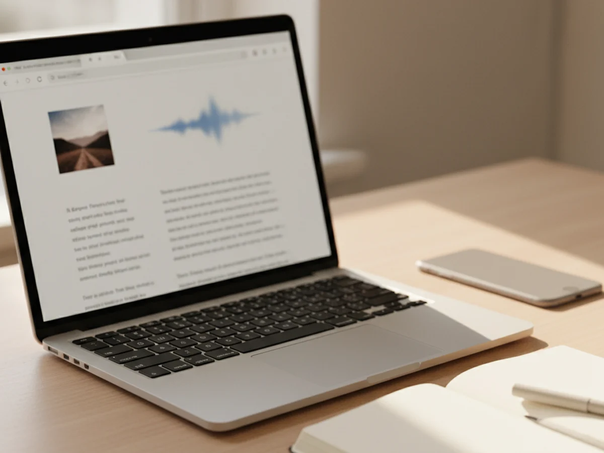 A journal page in a browser holding a photograph, an audio waveform and paragraphs of writing all on the same page