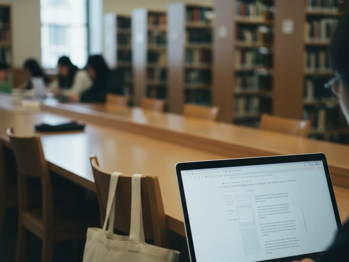 A laptop open at a long library table with a journal page in a plain browser window, other students working behind