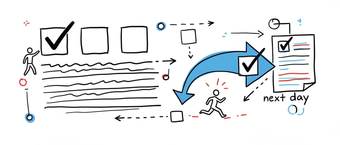 Hand-drawn sketch: a short checklist with one item ticked above lines of writing, and a blue arrow carrying an unfinished item to the next day's page