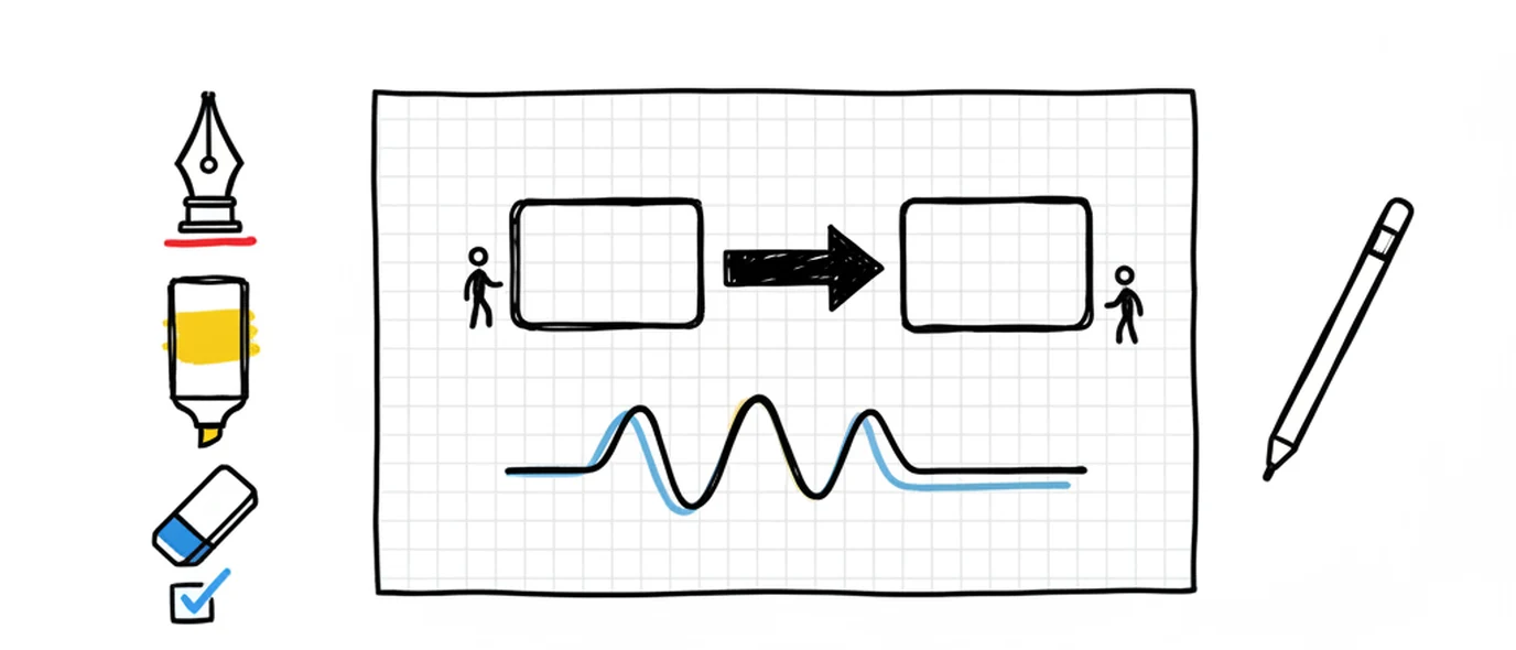 Hand-drawn sketch: a dotted-grid page holding a two-box diagram and a wavy line, with a pen nib, highlighter, eraser and stylus beside it