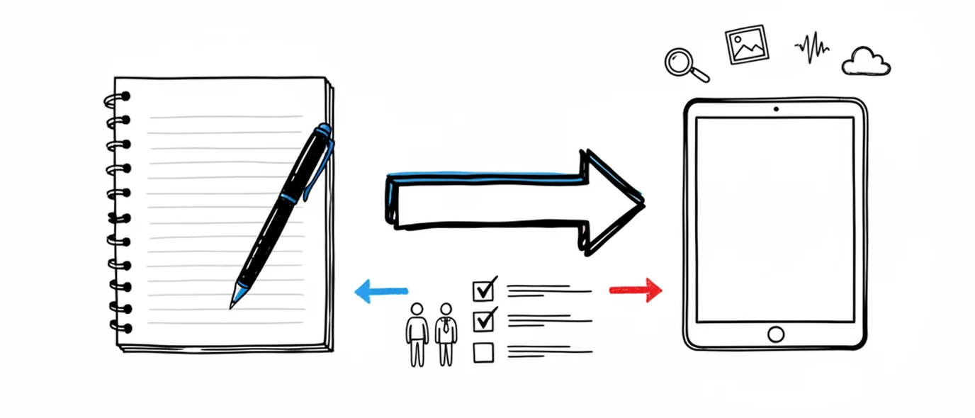 Hand-drawn sketch: a spiral paper notebook and a tablet either side of a large arrow, with search, photo, audio and cloud icons above the tablet