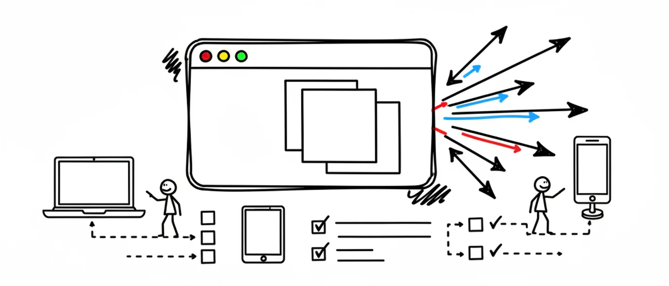 Hand-drawn sketch: a browser window holding three stacked pages, with arrows out to a laptop, a tablet and a phone