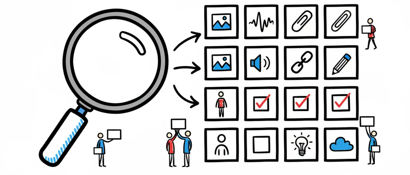 Hand-drawn sketch: a large magnifying glass with arrows pointing into a grid of cards showing photo, sound, paperclip, link and pencil icons