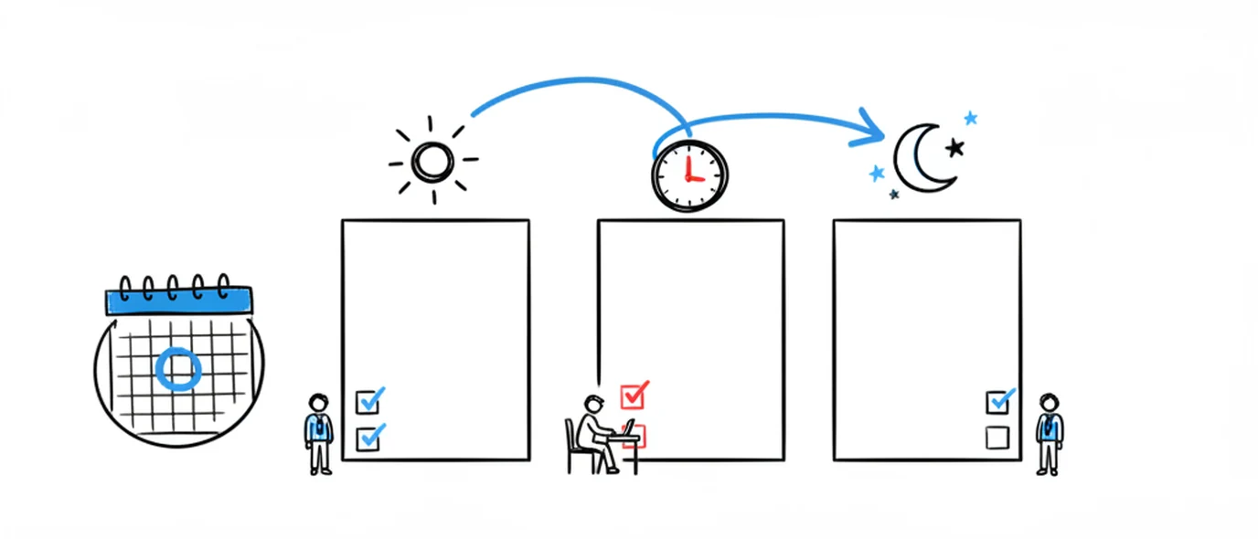 Hand-drawn sketch: a calendar with one day circled, and a blue arrow arcing over three blank pages marked with a sun, a clock and a moon