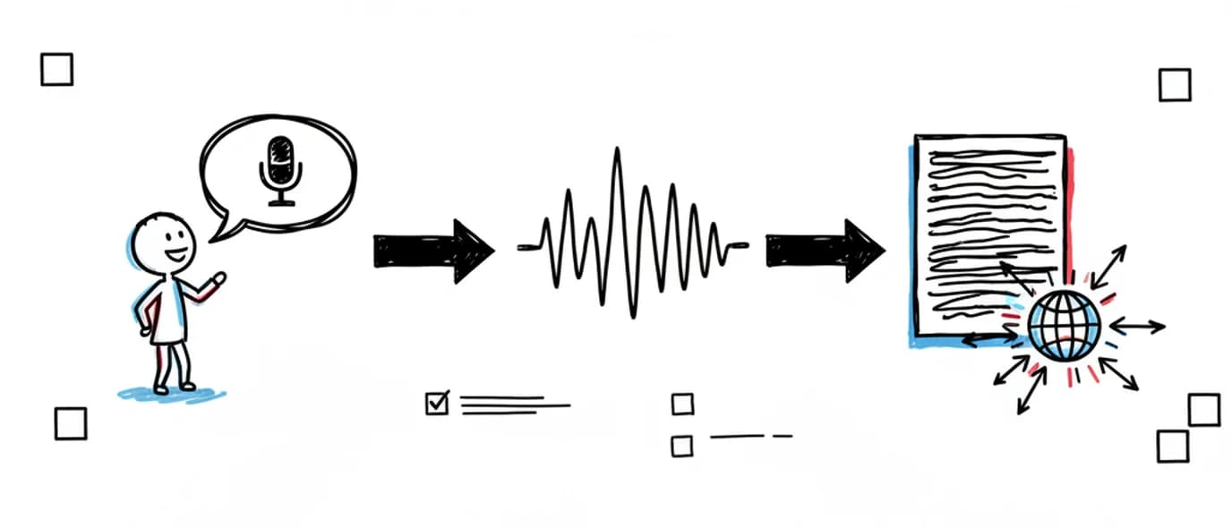 Hand-drawn sketch: a figure speaking into a microphone, an arrow to a sound waveform, and another arrow to a page filled with written lines