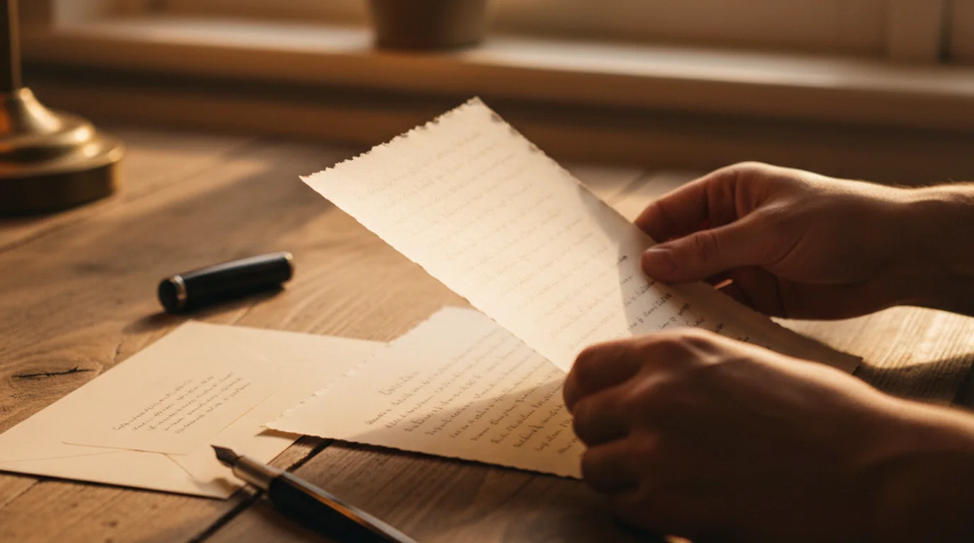 Hands holding a handwritten letter to the future self on a wooden table with an envelope and fountain pen