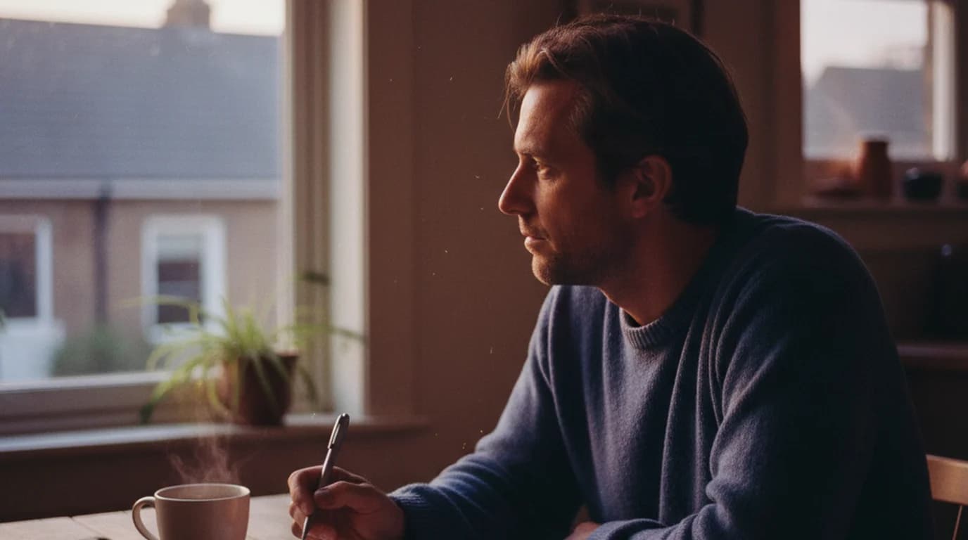 A man pausing at a kitchen table at dusk with a pen in hand, looking out of the window in quiet reflection