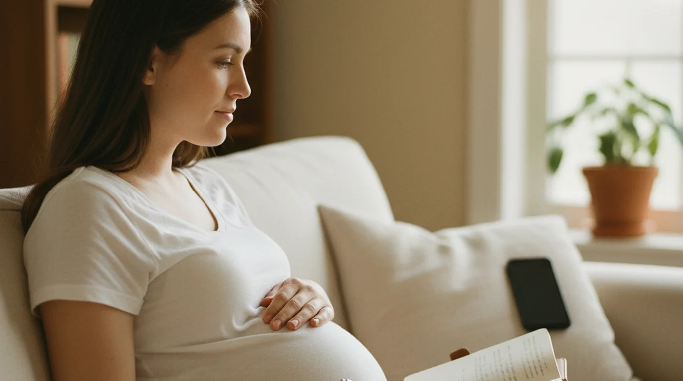 A pregnant woman on a sofa with one hand on her bump and a pregnancy journal open on her lap, phone beside her